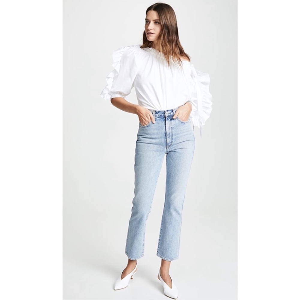 AGOLDE high rise pinch waist straight crop jeans light blue impression wash 27